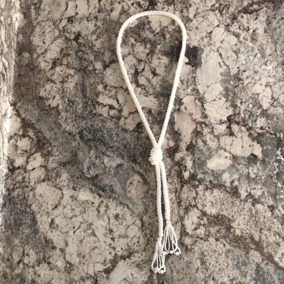 Vintage Faux Pearl Tassel Wrap / Cord / Lariat Necklace with Knot, Ivory - Picture 3 of 10